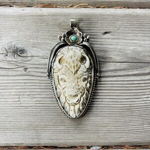 Carved Buffalo Pendant with Turquoise Accent-Tibetan Silver